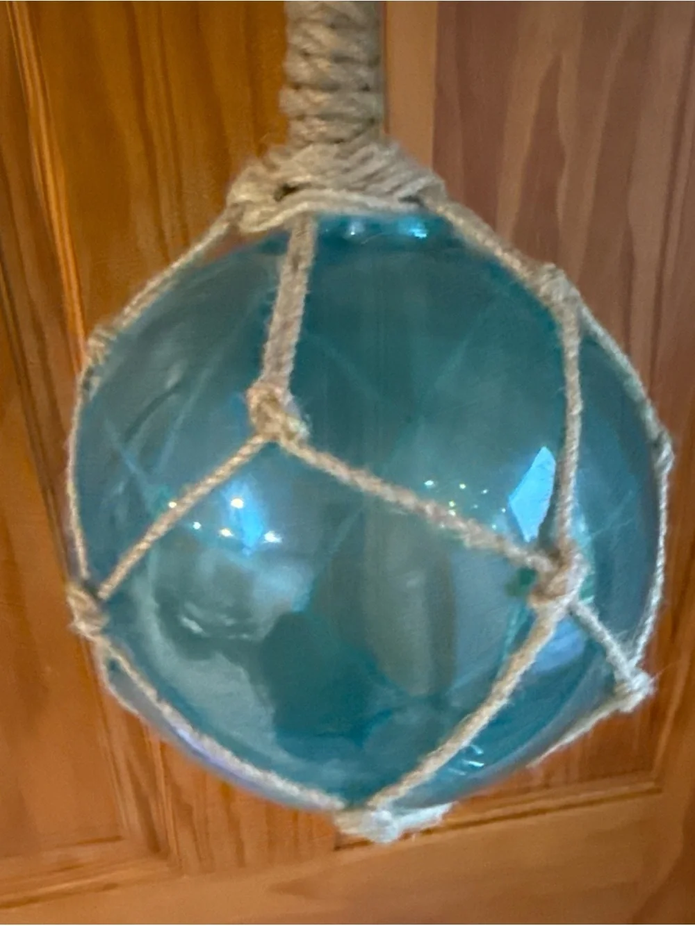 Handmade Blue Glass Float with Natural Rope - Nautical Home Accent